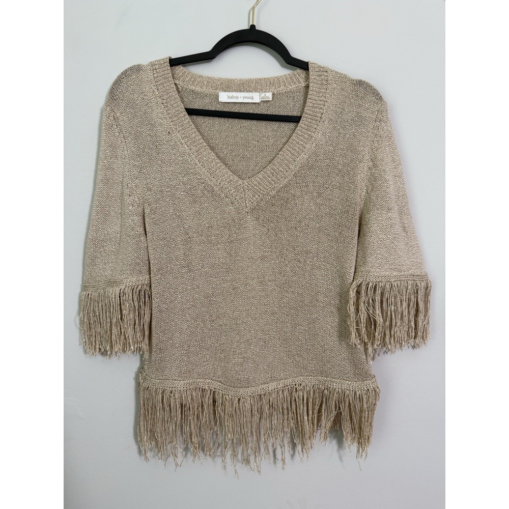 Bishop + Young Beige Brown Boho Fringe Sweater Sz S Hippie Neutral Festival